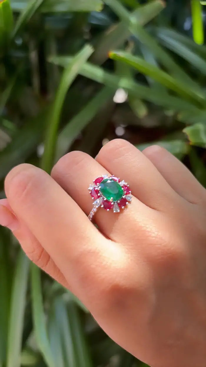 Natural Mozambique Ruby & Zambian Emerald Cocktail Ring - 18k White Gold Diamond Ring
