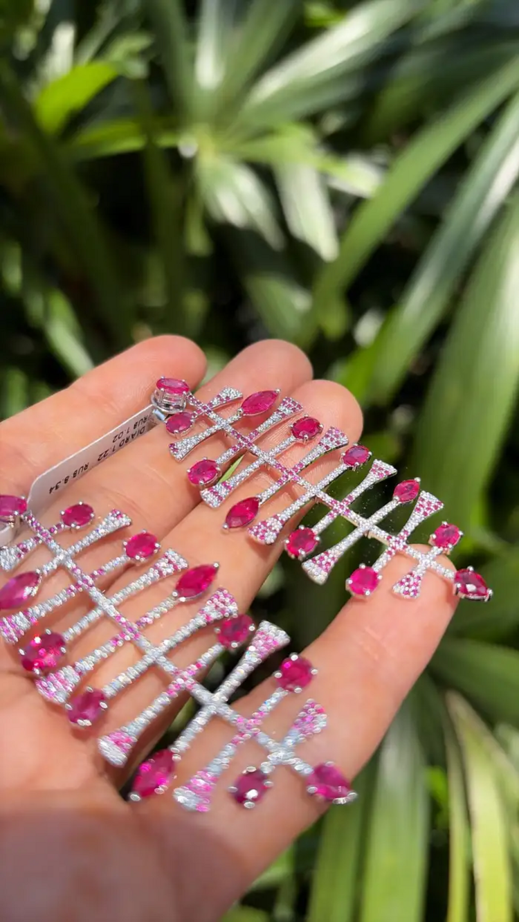 18k White Gold Diamond Dangle Earrings - Natural Ruby Gemstone Chandelier Earrings
