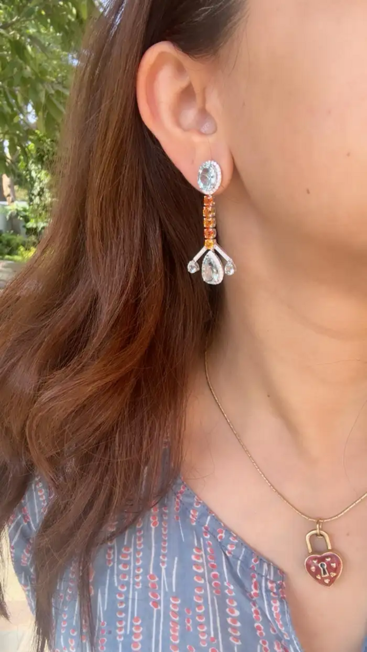 18k White Gold Diamond Handmade Earrings - Natural Aquamarine & Yellow Sapphire Dangle Earrings