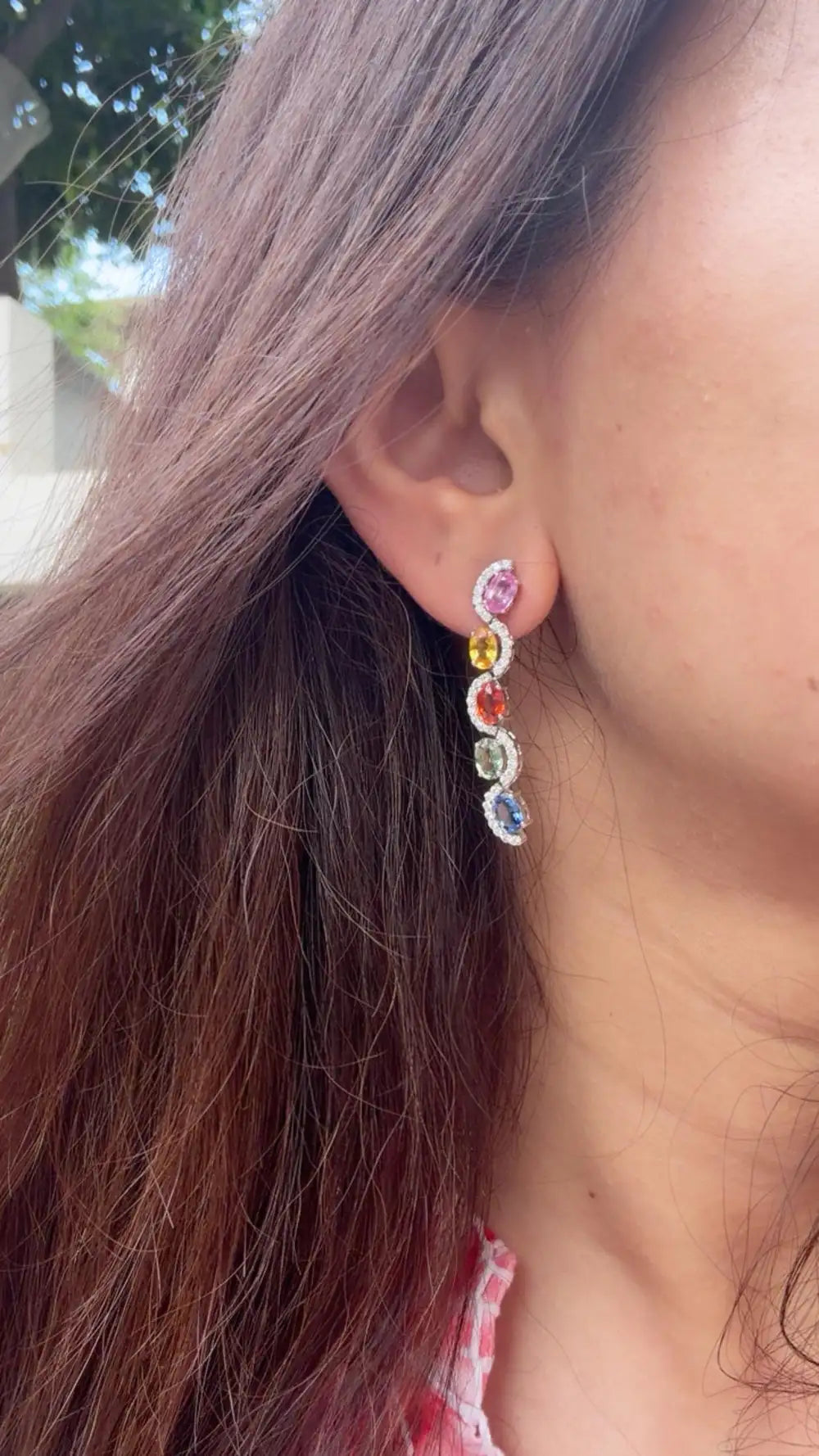 Natural Multi Sapphire Gemstone Dangle Earrings - 18k White Gold Diamond Earrings