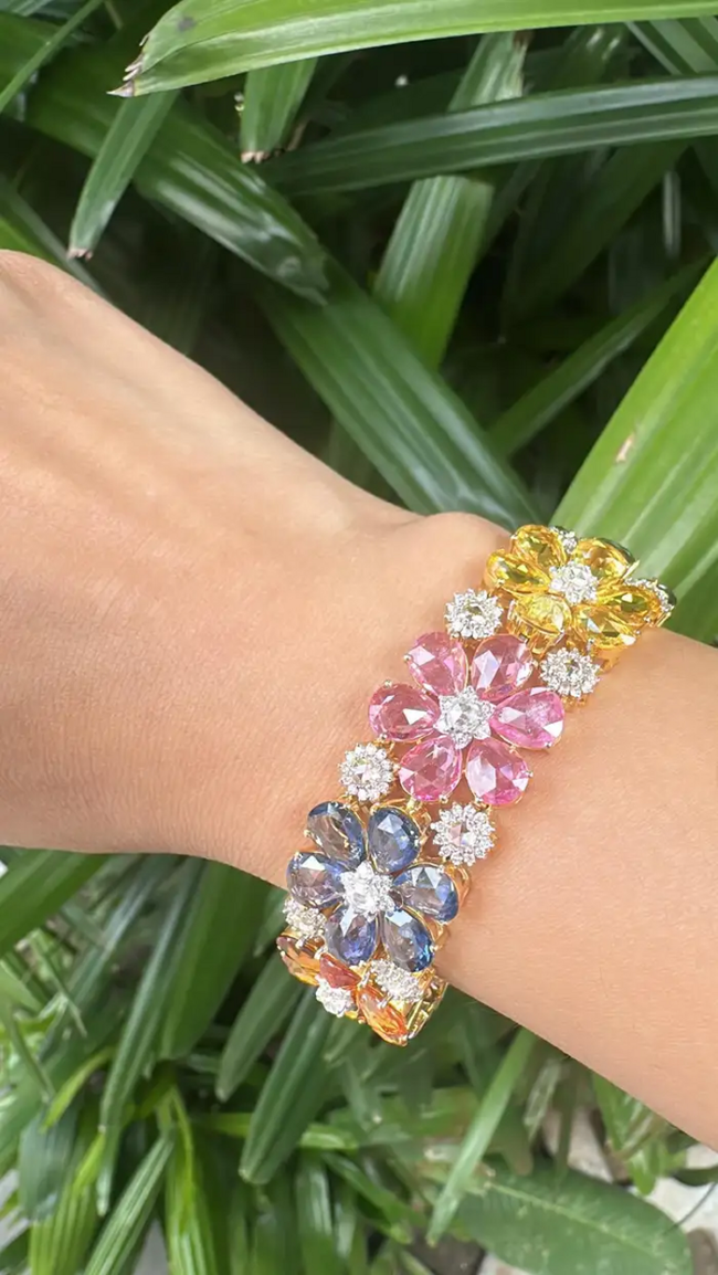 18k Yellow Gold Floral Bracelet - Natural Multi Sapphire & Rose Cut Diamond Modern Bracelet Main Image