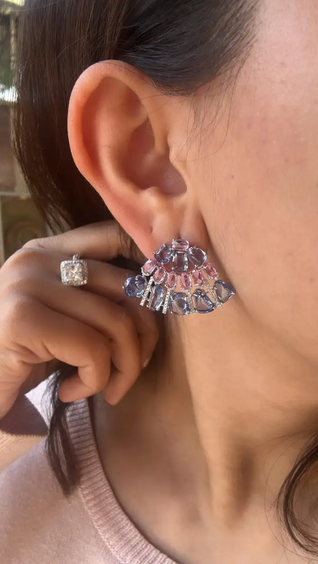 18k White Gold Diamond Stud Earrings - Natural Blue & Pink Sapphire Women Jewelry Main Image