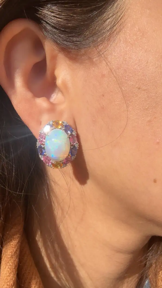 Ethiopian Opal, Tanzanite & Multi Sapphire Stud Earrings - 18k White Gold Diamond Earrings Main Image