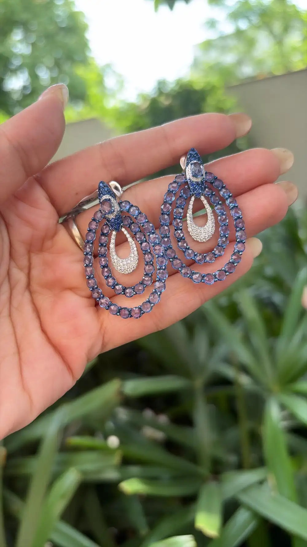 18k White Gold Diamond Dangle Earrings - Natural Blue Sapphire Gemstone Earrings