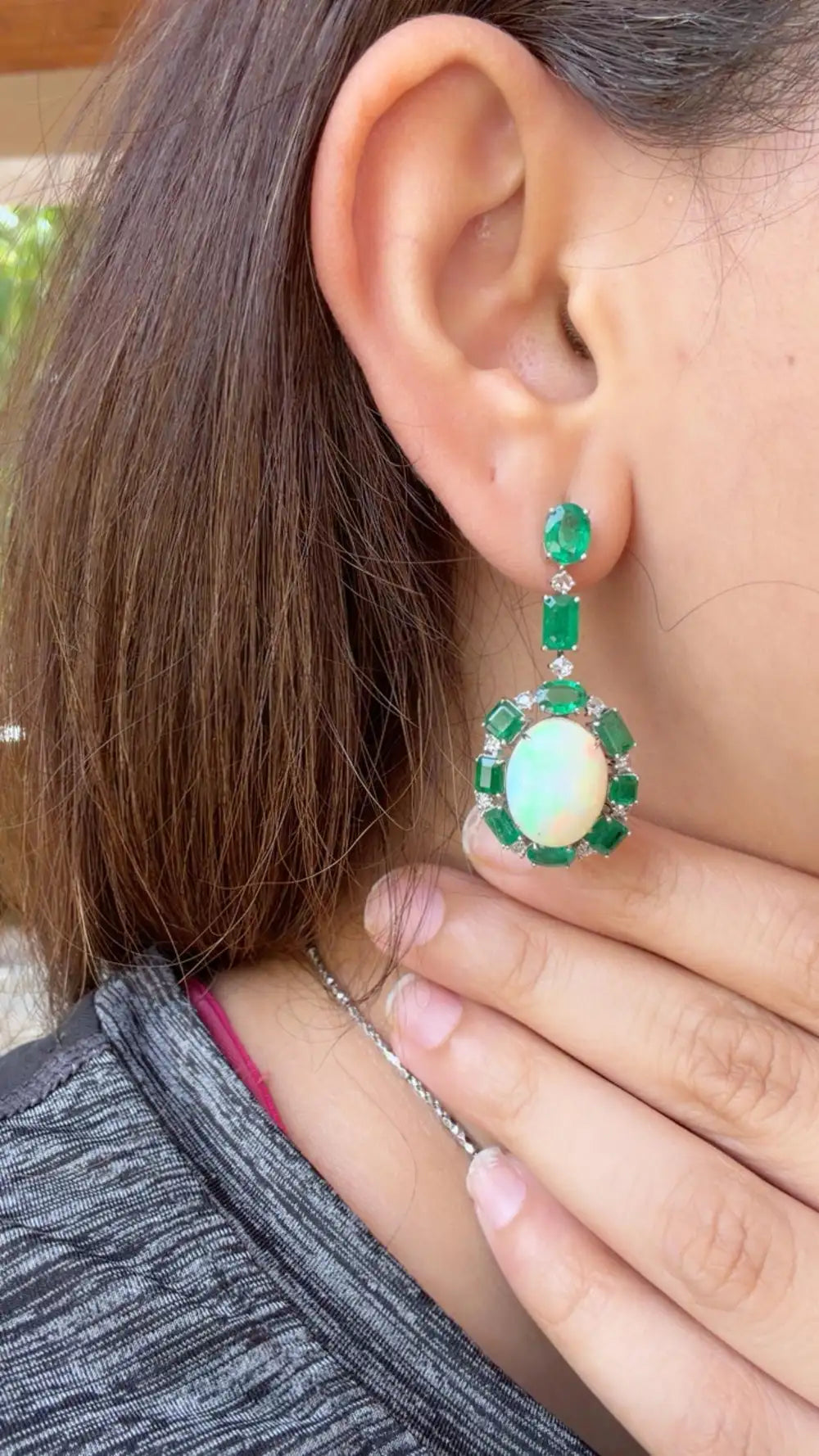 18k White Gold Diamond Dangle Earrings - Natural Zambian Emerald & Ethiopian Opal Dangle Earrings