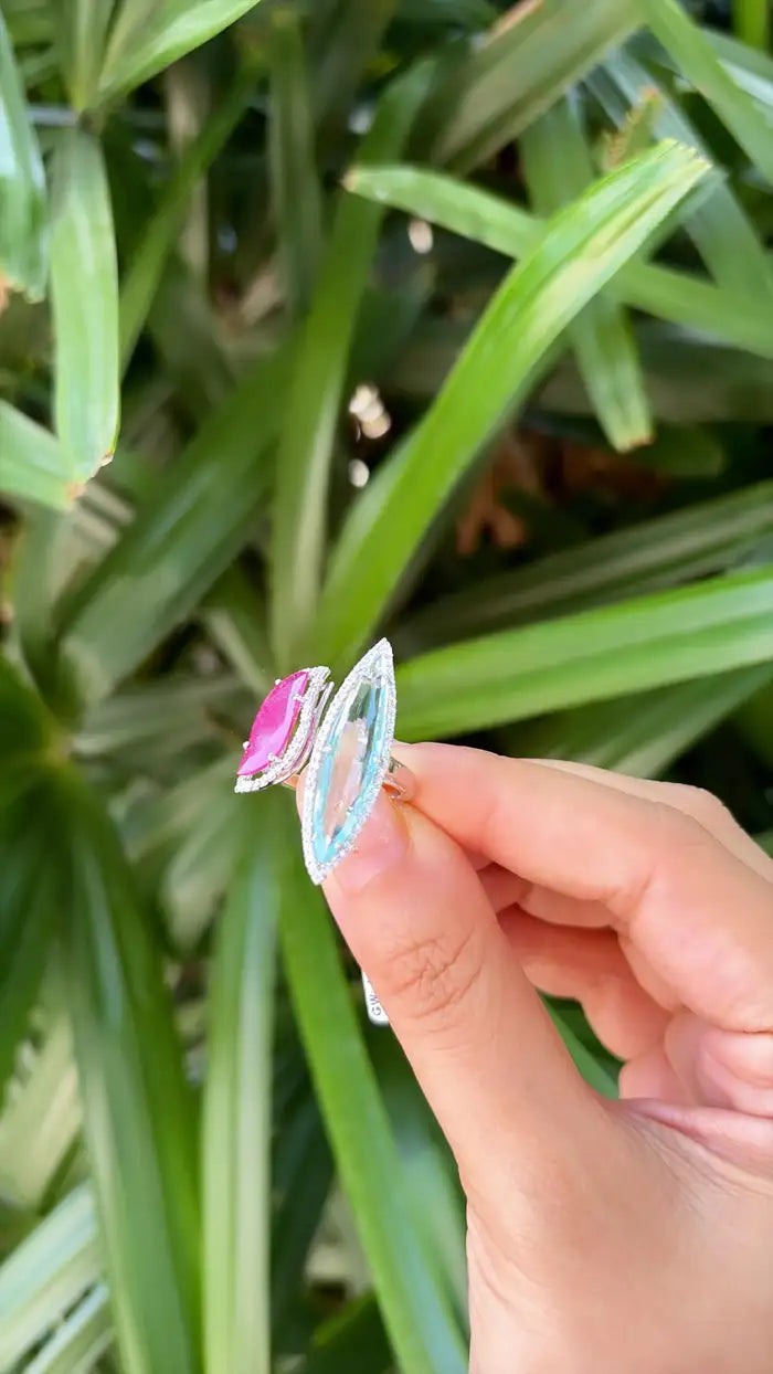 Natural Aquamarine & Mozambique Ruby Ring - 18k White Gold Diamond Ring