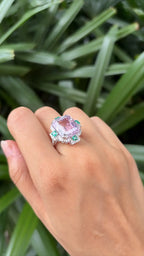 15.83 Ct. Kunzite & Emerald Gemstone Cocktail Ring - 18k White Gold Diamond Ring