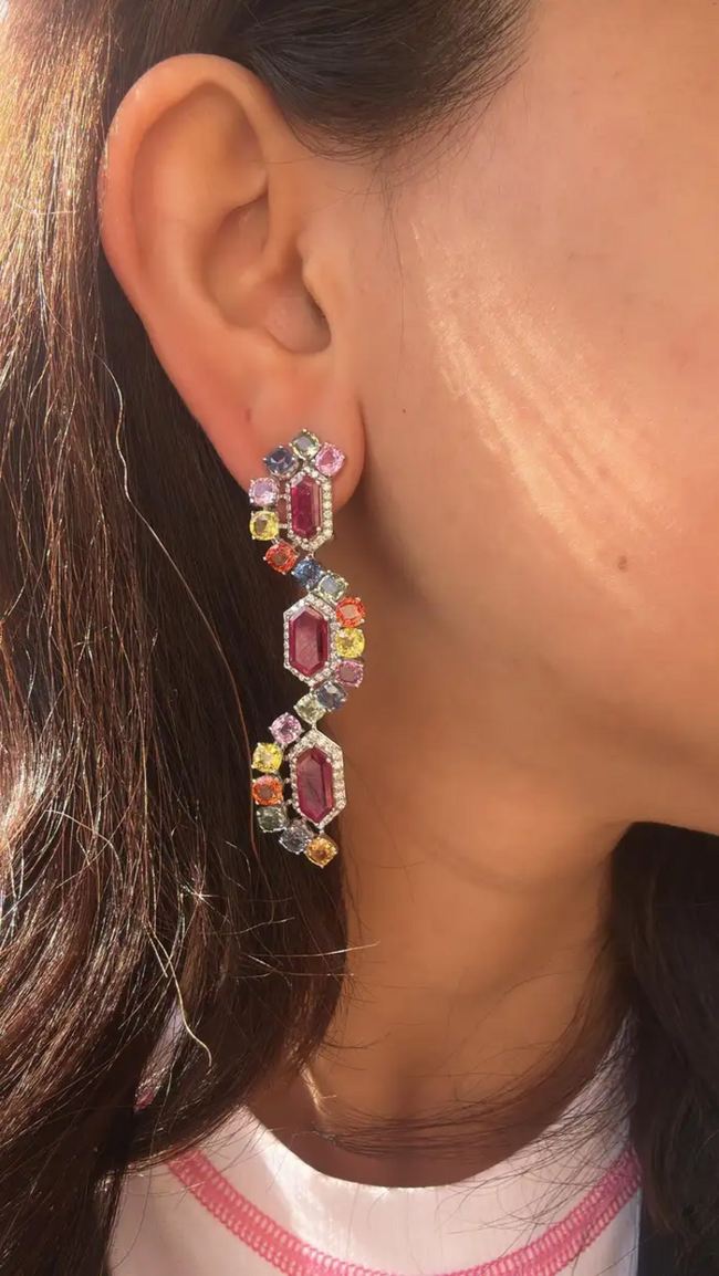 Natural Mozambique Ruby & Multi Sapphire Dangle Earrings - 18k White Gold Diamond Earrings Main Image