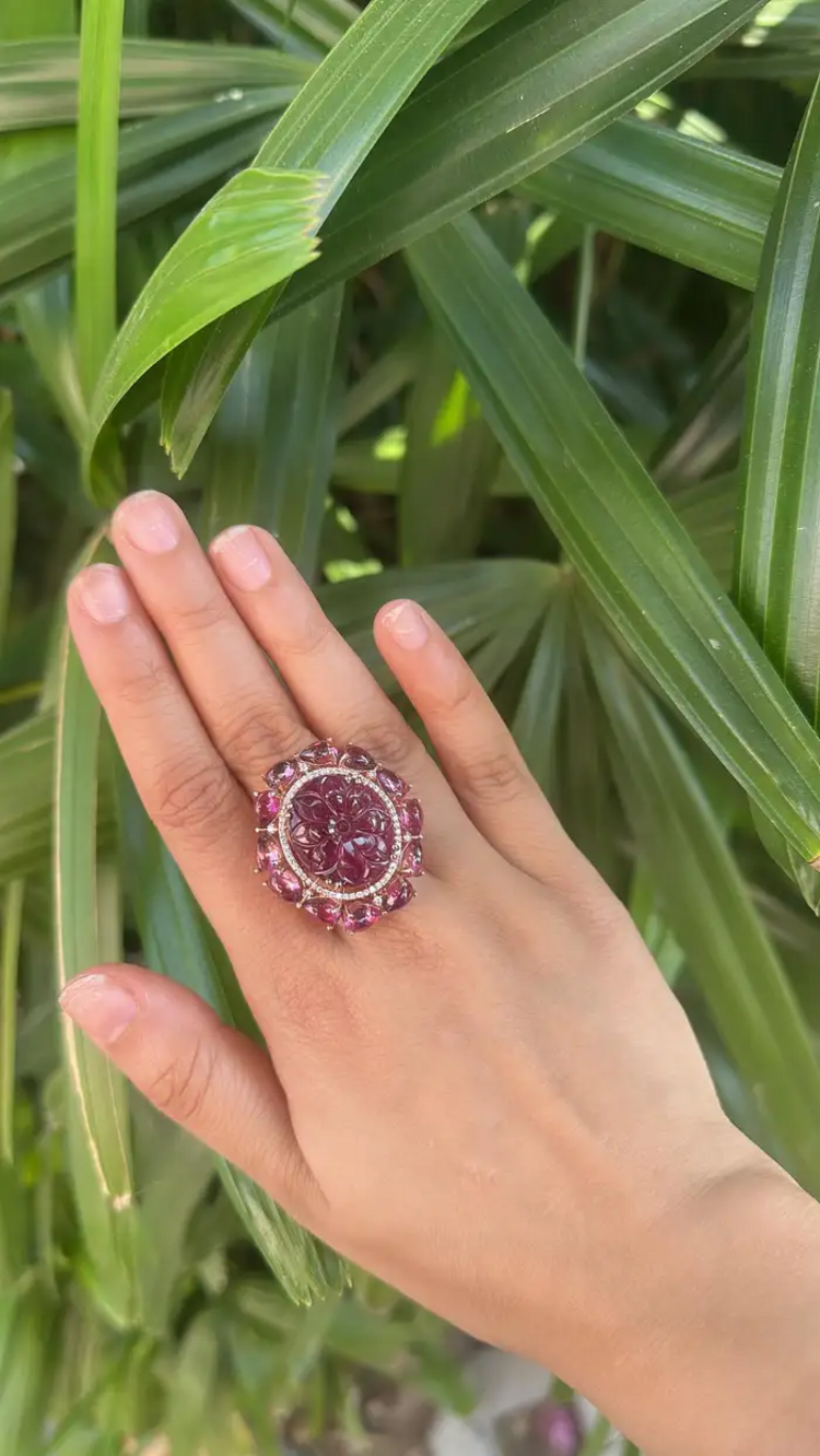Hand Carved Tourmaline & Natural Diamond Cocktail Ring - 18k Rose Gold Ring