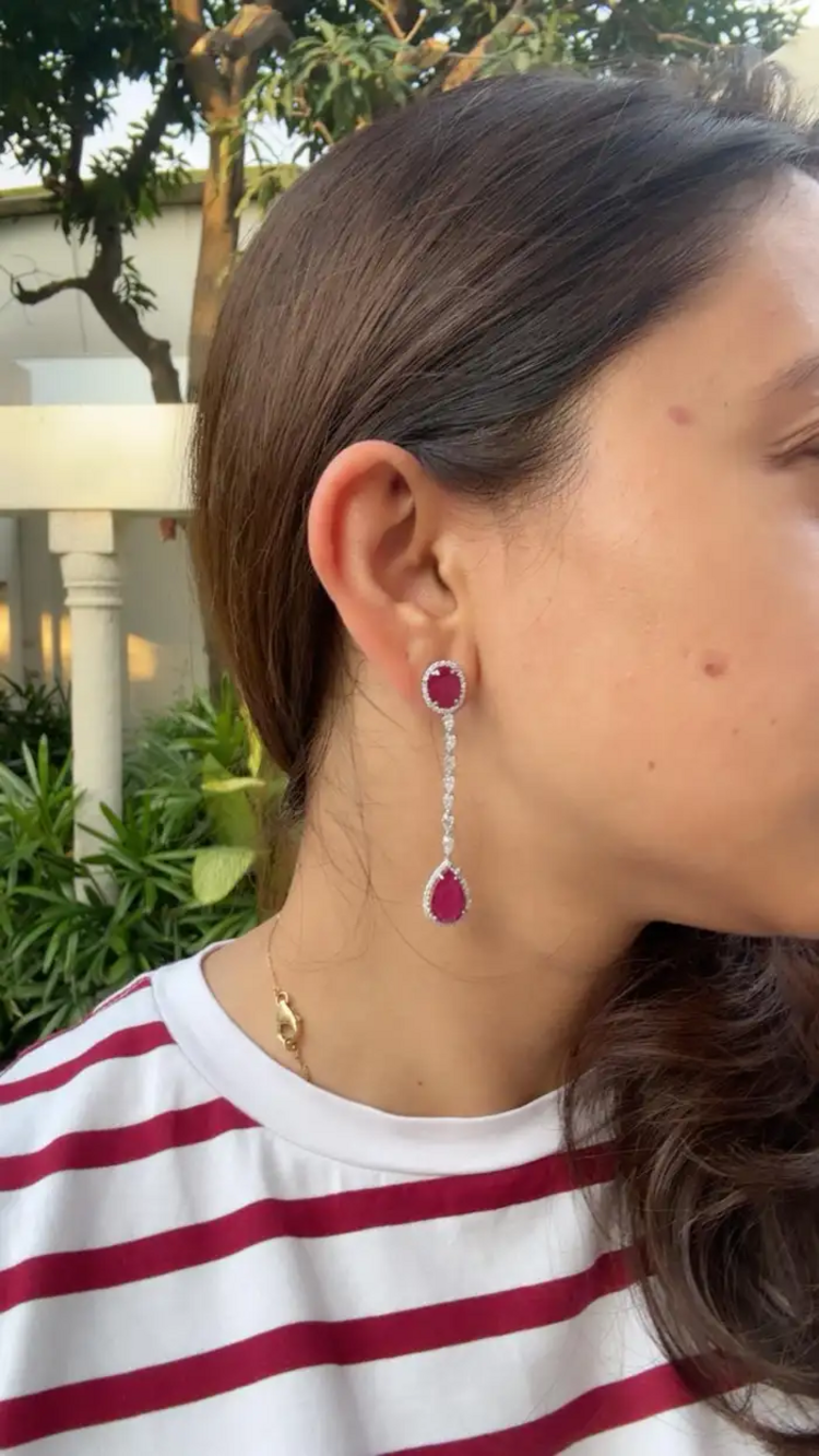 Natural Ruby & Diamond Dangle Earrings - 18k White Gold Chandelier Earrings