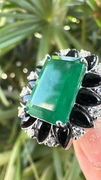 8.25 Ct. Zambian Emerald & Black Onyx Statement Ring - 18k White Gold Diamond Ring