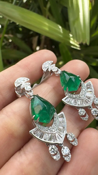 18k White Gold Handmade Dangle Earrings - Natural Zambian Emerald & Diamond Women Earrings