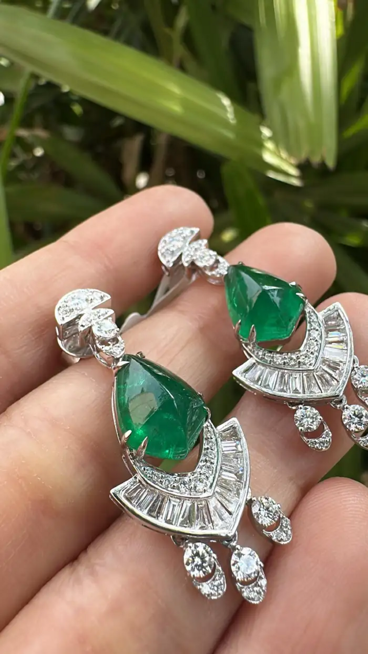 18k White Gold Handmade Dangle Earrings - Natural Zambian Emerald & Diamond Women Earrings