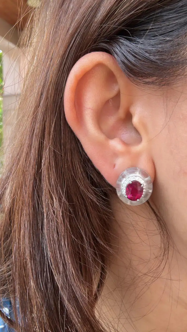 18k White Gold Diamond Stud Earrings - Natural Rubellite & Rock Crystal Earrings Main Image