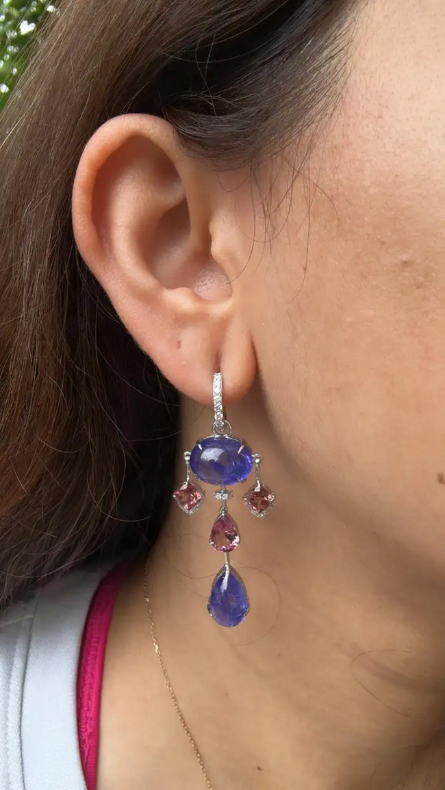 18k White Gold Diamond Earrings - Natural Tanzanite & Tourmaline Gemstone Dangle Earrings Main Image
