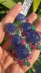 18k White Gold Diamond Dangle Earrings - Carved Tanzanite, Ruby & Emerald Earrings