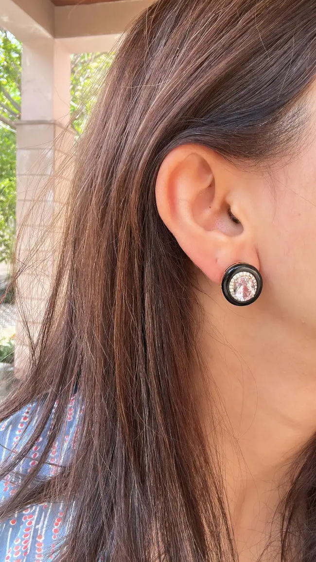 18k Rose Gold Diamond & Morganite Gemstone Stud Earrings - Black Onyx Earrings Main Image