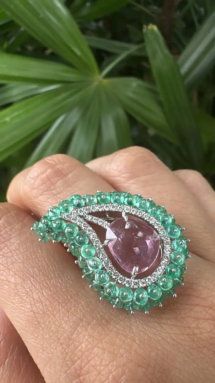 Natural Emerald & Pink Sapphire  Statement Ring - 18k White Gold Diamond Handmade Ring