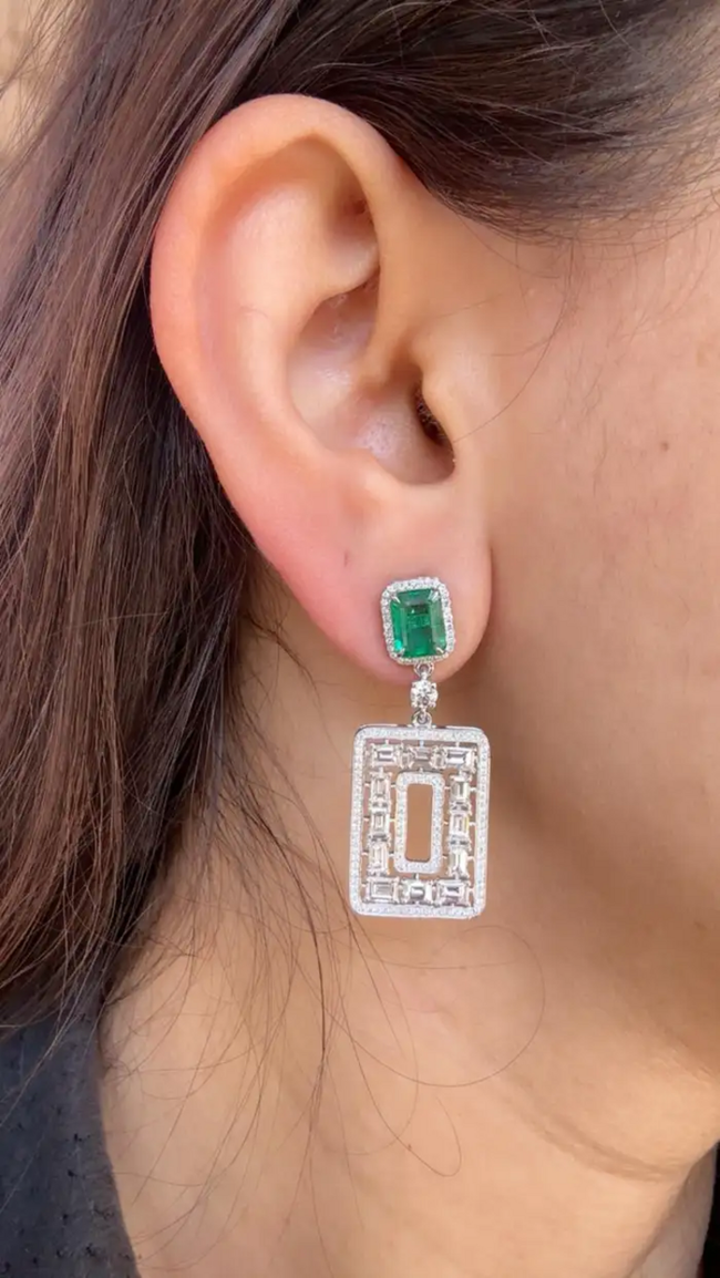 Natural Zambian Emerald & Diamond Dangle Earrings - 18k White Gold Handmade Earrings Main Image