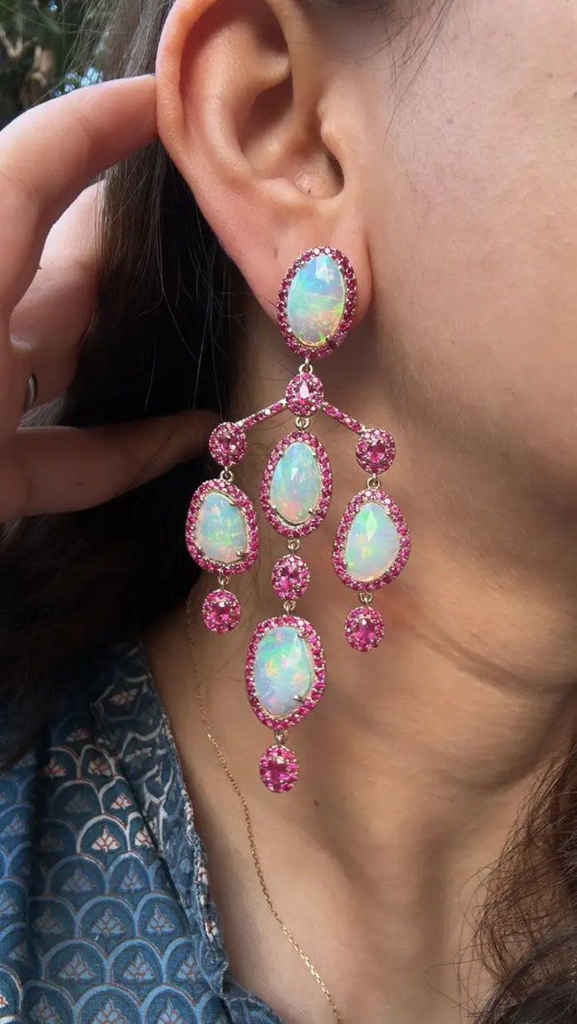 Ethiopian Opal & Mozambique Ruby Chandelier Earrings - 18k Gold Diamond Dangle Earrings Main Image