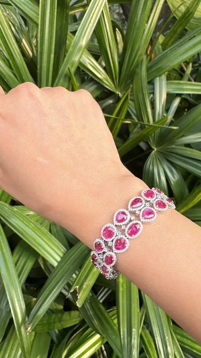 Natural Mozambique Ruby Women Bracelet - 18k White Gold Diamond Handmade Bracelet Main Image