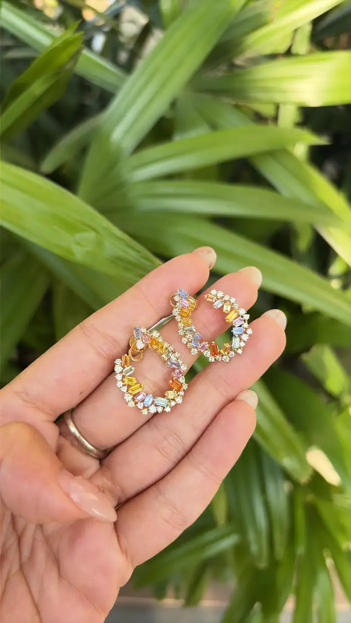 Natural Multi Sapphire & Diamond Hoop Earrings - 18k Yellow Gold Handmade Earrings