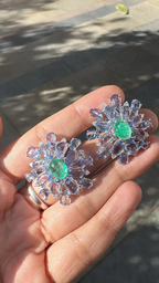 Natural Colombian Emerald & Blue Sapphire Floral Stud Earrings - 18k White Gold Diamond Earrings