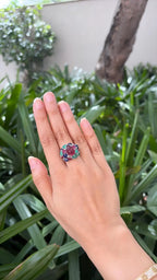Natural Rubelite, Blue Sapphire, Ruby & Emerald Gemstone Cocktail Ring - 18k White Gold Diamond Ring