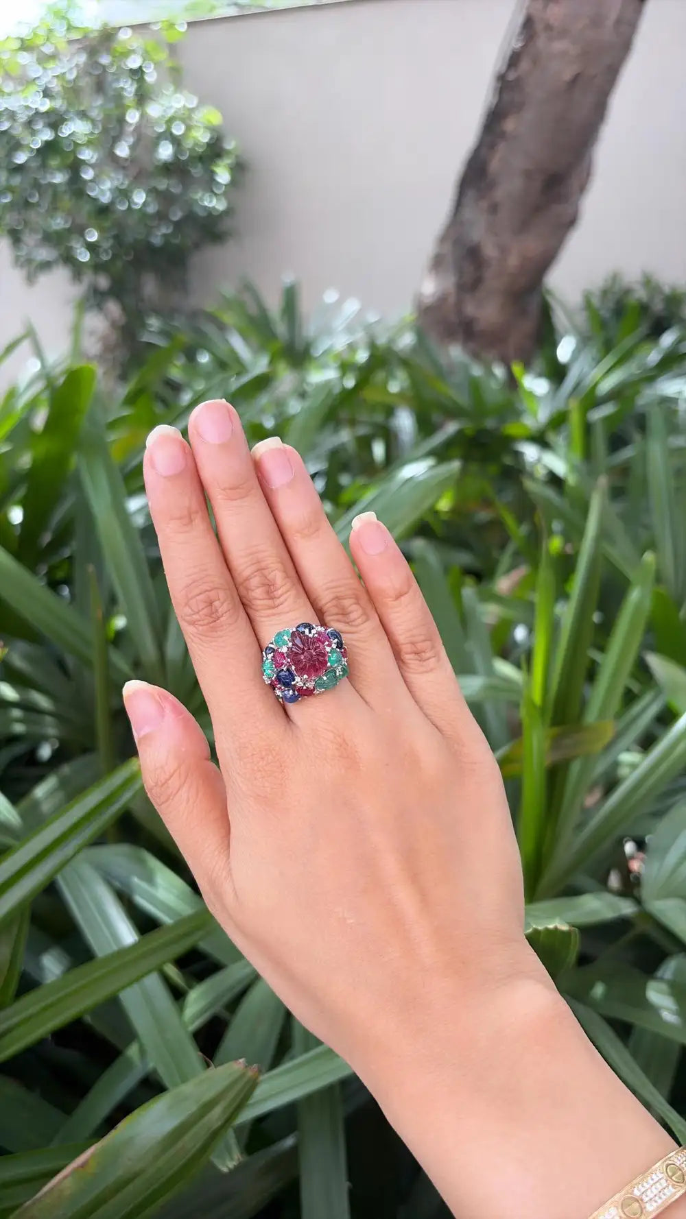 Natural Rubelite, Blue Sapphire, Ruby & Emerald Gemstone Cocktail Ring - 18k White Gold Diamond Ring