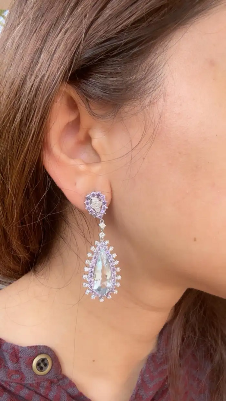 Natural Aquamarine & Purple Sapphire Dangle Earrings - 18K White Gold Diamond Drop Dangle Earrings