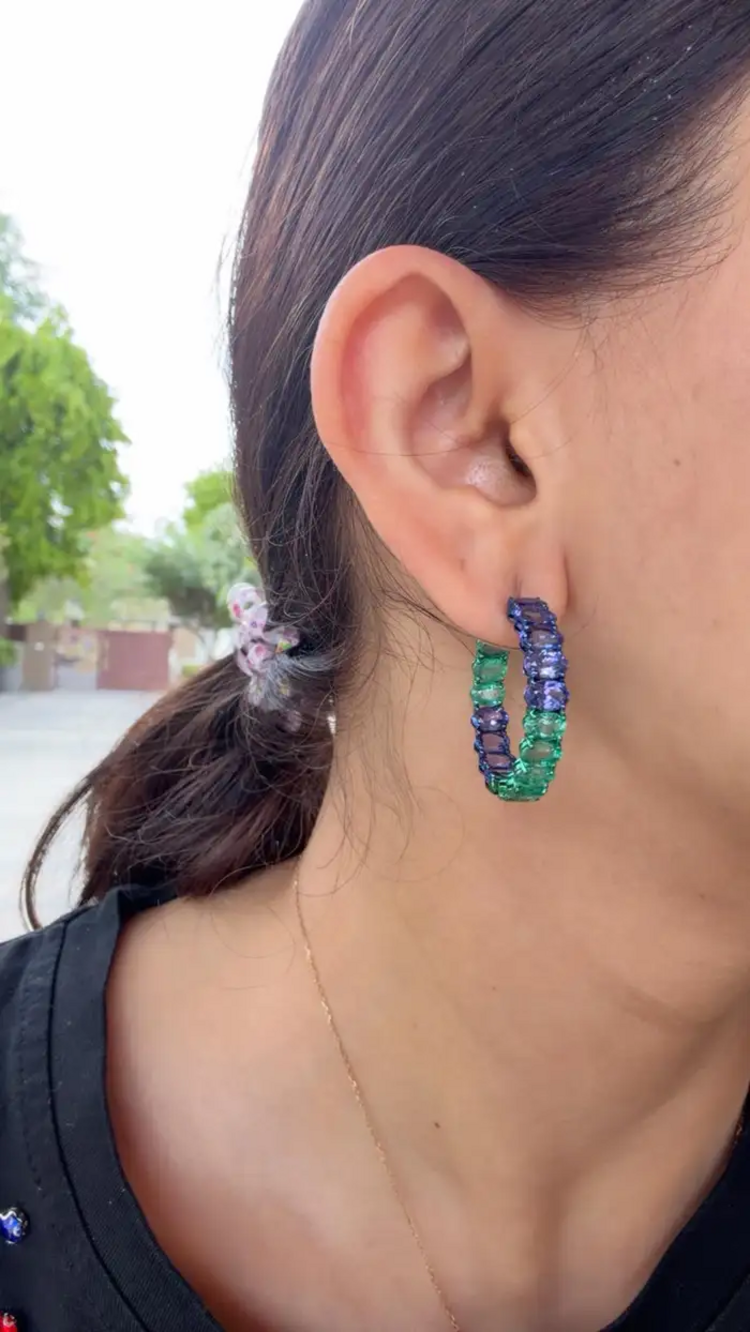 Natural Emerald & Tanzanite Gemstone Hoop Earrings - 18k Gold Hoop Earrings
