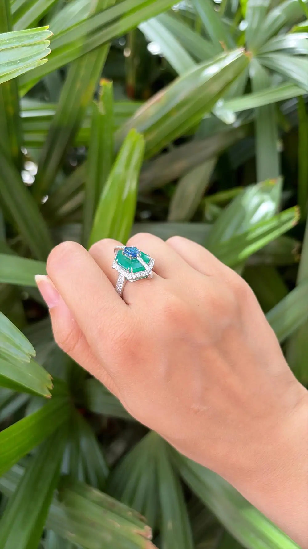 18k White Gold Diamond Cocktail Ring - Natural Zambian Emerald & Blue Sapphire Ring