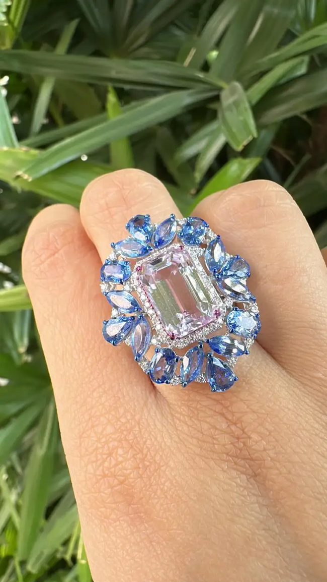 Natural Kunzite & Blue Sapphire Cocktail Ring - 18k White Gold Diamond Ring Main Image
