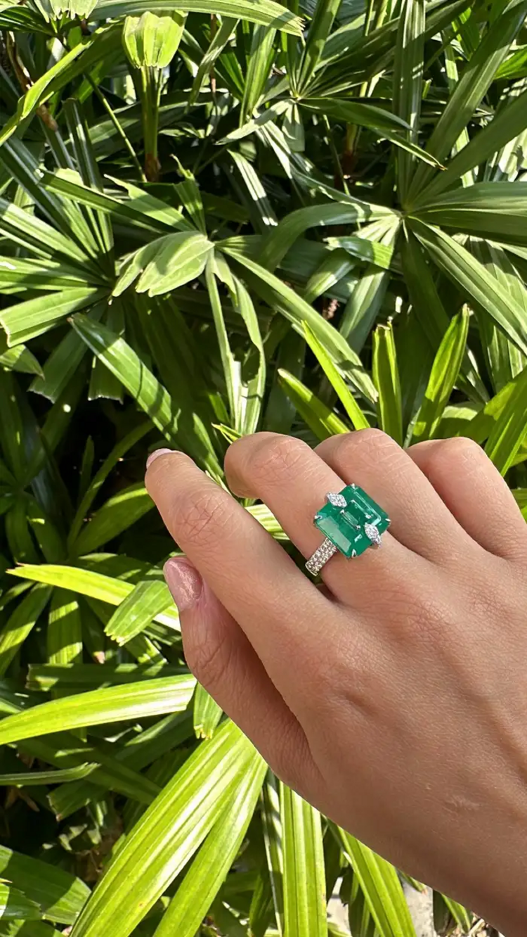 Natural Zambian Emerald Diamond Ring - 18k White Gold Handmade Ring - Gold Diamond Women Ring Gift