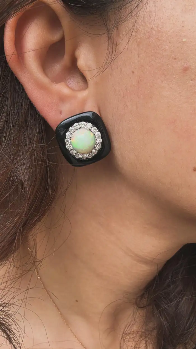 Natural Black Onyx & Ethiopian Opal Stud Earrings - 18k White Gold Diamond Handmade Earrings Main Image