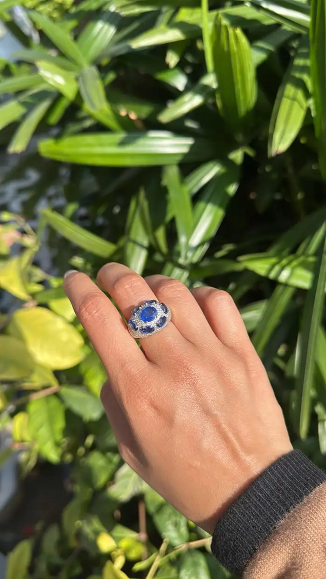 5.03 carats Ceylon Blue Sapphire Cocktail Ring - 18k White Gold Handmade Diamonds Ring Main Image