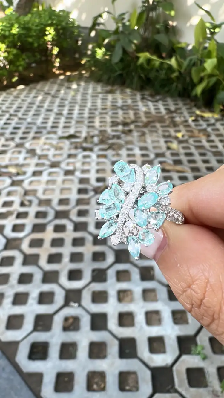 Natural Paraiba Tourmaline & Diamond Wedding Ring - 18k White Gold Engagement Ring