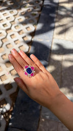 18k White Gold Diamond Cocktail Ring - Natural Tanzanite & Mozambique Ruby Handmade Ring