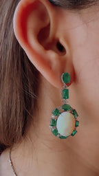18k White Gold Diamond Dangle Earrings - Natural Zambian Emerald & Ethiopian Opal Dangle Earrings