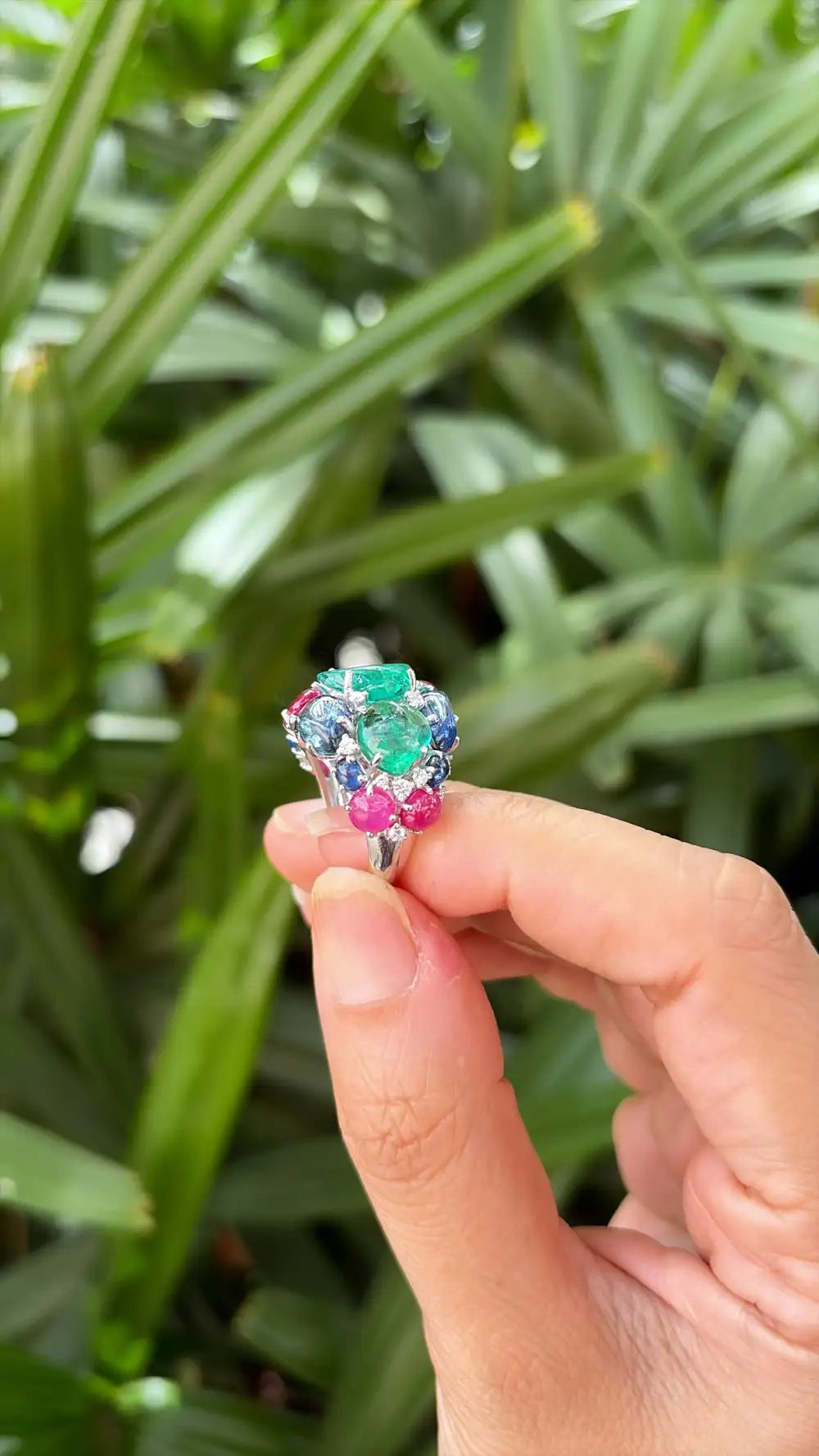 18k White Gold Diamond Cluster Ring - Natural Emerald, Ruby & Blue Sapphire Gemstone Ring