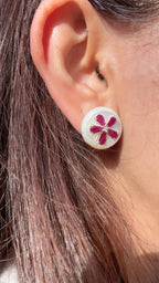 18k White Gold Diamond Stud Earrings - Natural Mozambique Ruby & Mother Of Pearl Stud Earrings