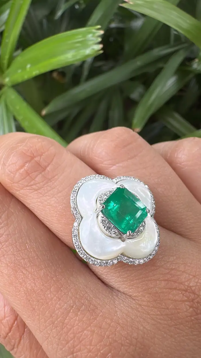 Natural Zambian Emerald Gold Ring - 18k White Gold Diamond & Mother Of Pearl Wedding Ring Main Image