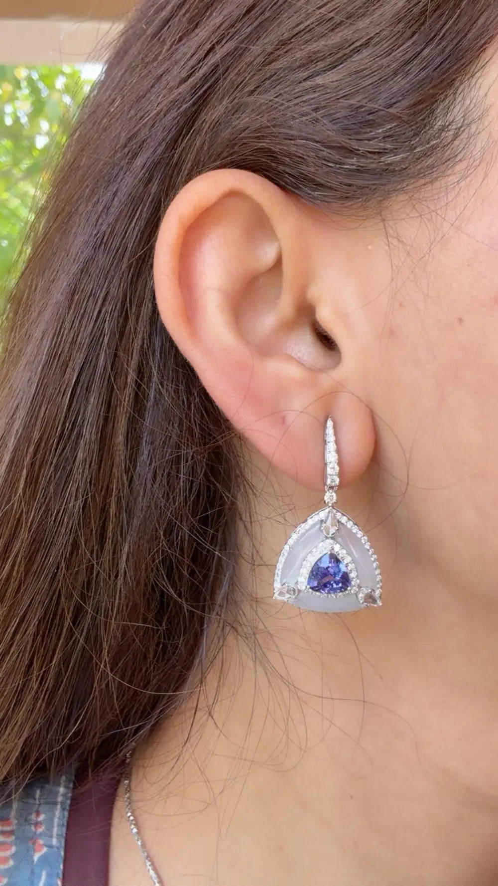 Natural Tanzanite & Chalcedony Gemstone Dangle Earrings - 18k White Gold Diamond Earrings