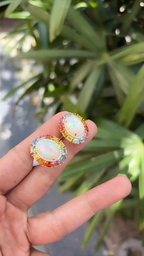 Natural Ethiopian Opal & Multi Sapphire Stud Earrings - 18k Yellow Gold Diamond Earrings