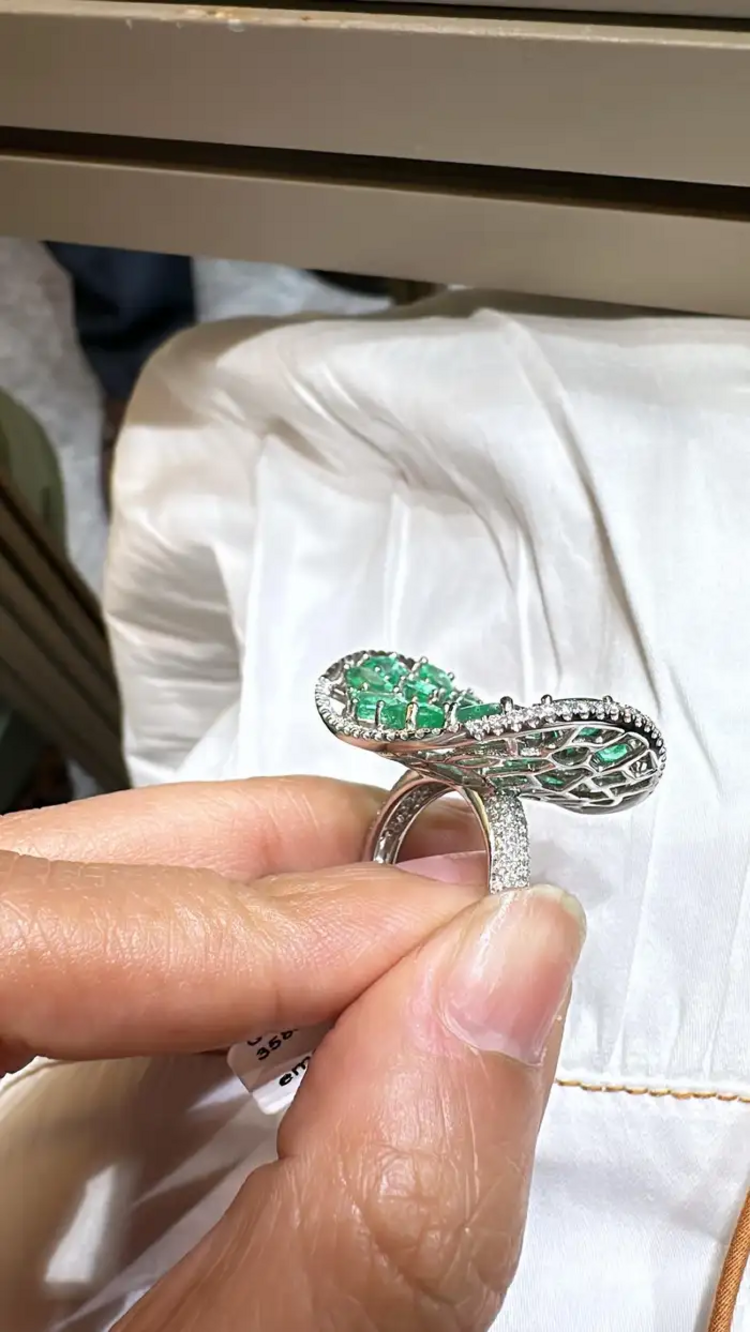 Solid 18k White Gold Diamond Ring - Natural Zambian Emerald Statement Ring