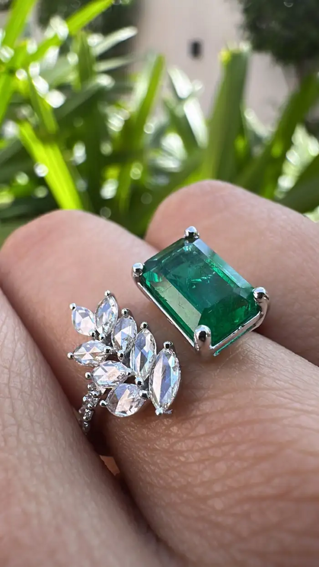 Natural Zambian Emerald Cuff Ring - 18k White Gold Rose Cut Diamond Wedding Ring Main Image