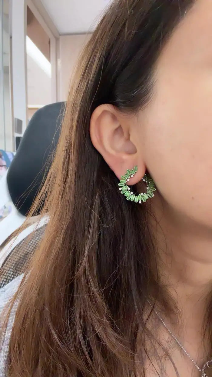 18k White Gold Diamond Earrings Natural Tsavorite Hoop Earrings