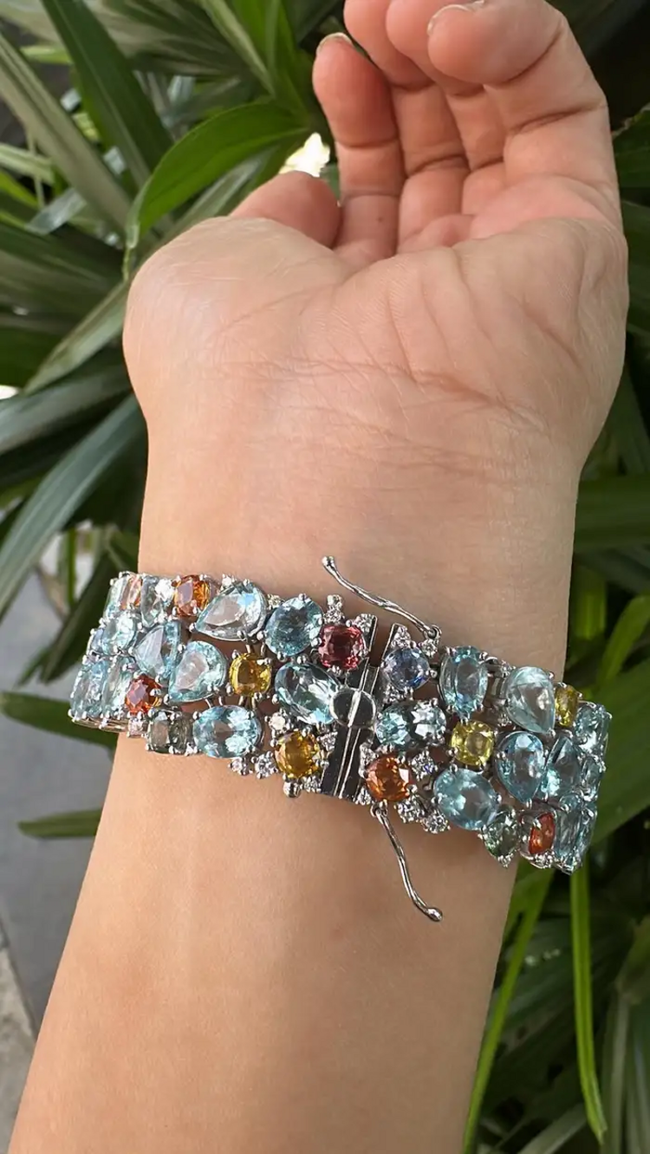 18k White Gold Diamond Statement Bracelet - Natural Aquamarine & Multi Sapphire Bracelet Main Image