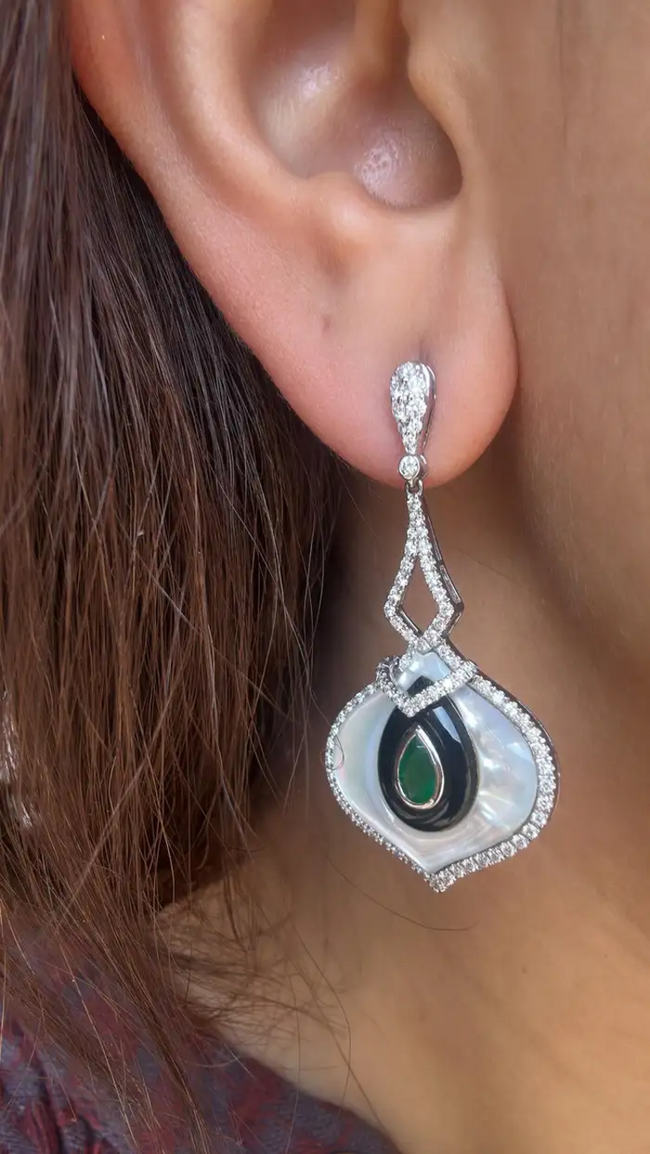 18k White Gold Zambian Emerald Dangle Earrings - Natural Diamond, Black Onyx & Pearl Wedding Earrings Main Image