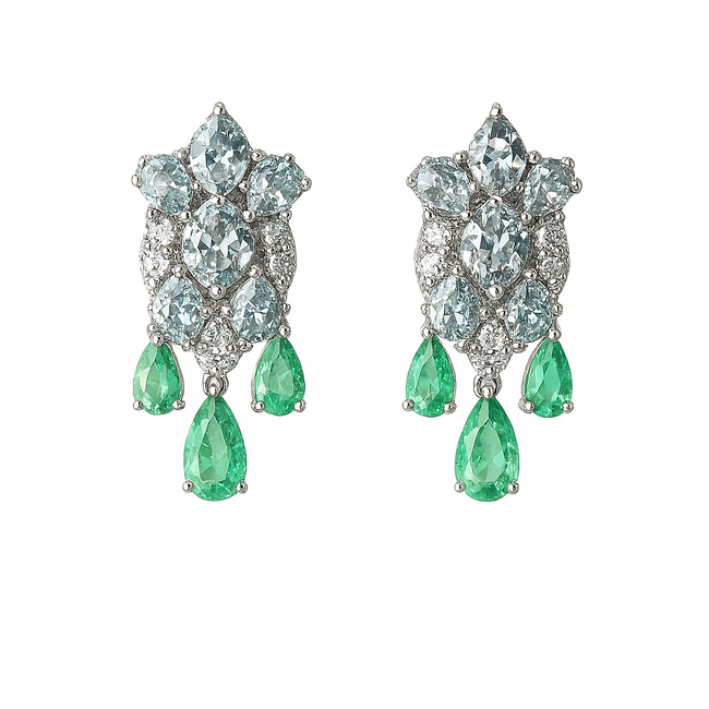 Natural Aquamarine & Colombian Emerald Dangle Earrings - 18k White Gold Diamond Wedding Earrings Hover Image
